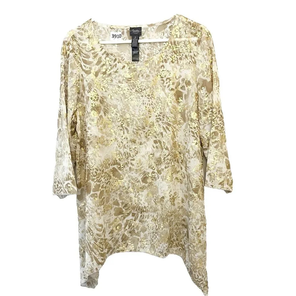Chicos Travelers Gold Tunic Blouse Women Business Casual Large 2 Party  Metallic